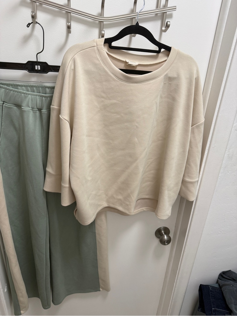 Yelete Beige Crewneck Sweatshirt and sage pants